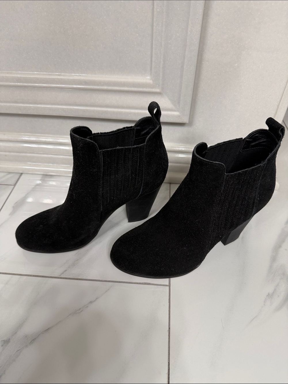 Michael Shannon Black Suede Ankle Booties with Block Heel